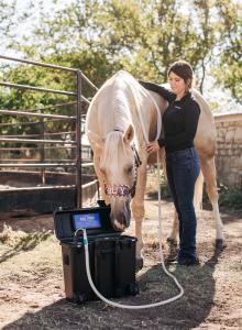 Kindra Lindsay providing PEMF therapy to her horse using the MagnaWavePEMF Sol Pro machine with the XL Wave Wings attachment