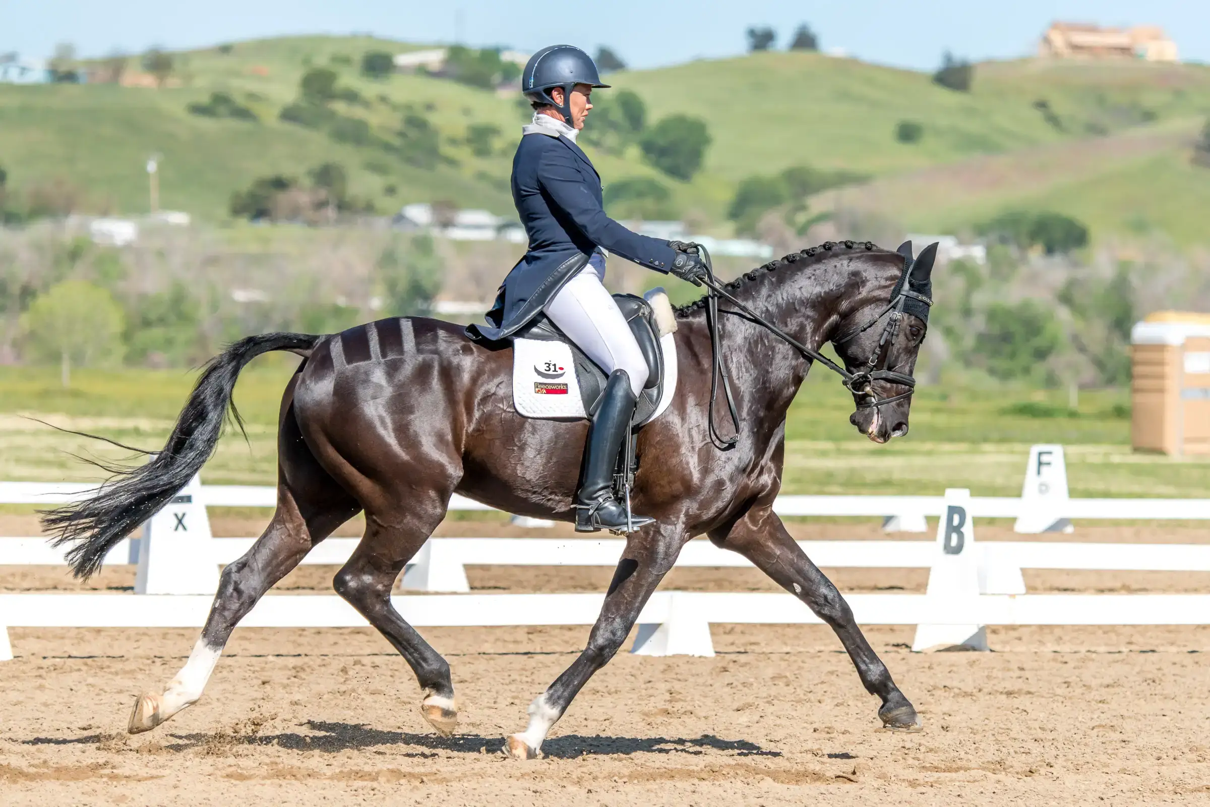 A dressage rider and their horse on the track. Picture used by MagnaWavePEMF