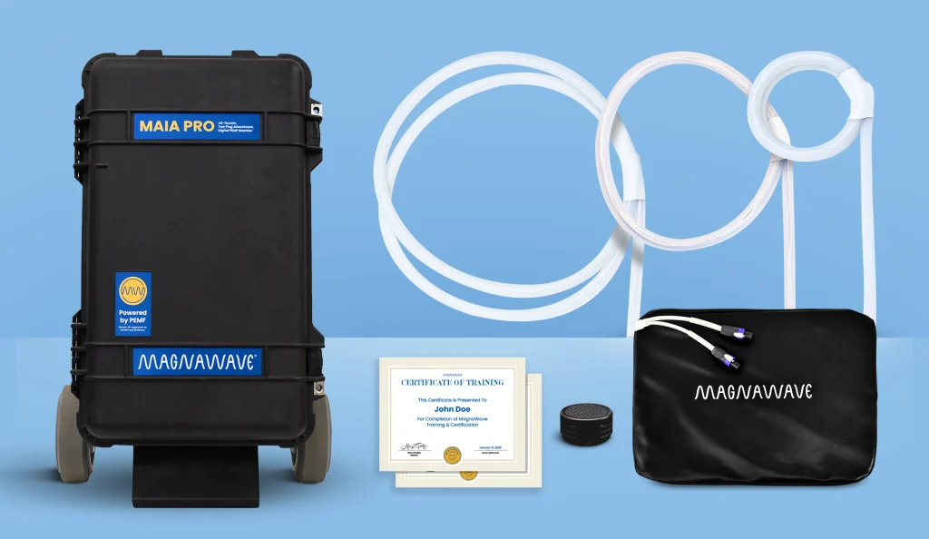 MagnaWavePEMF products Maia Pro, XL Wave Wings, Large Loop, Butterfly Loop, and Mag Energy Mat with training certificates for MagnaWavePEMF certified practitioners, all part of a bundle