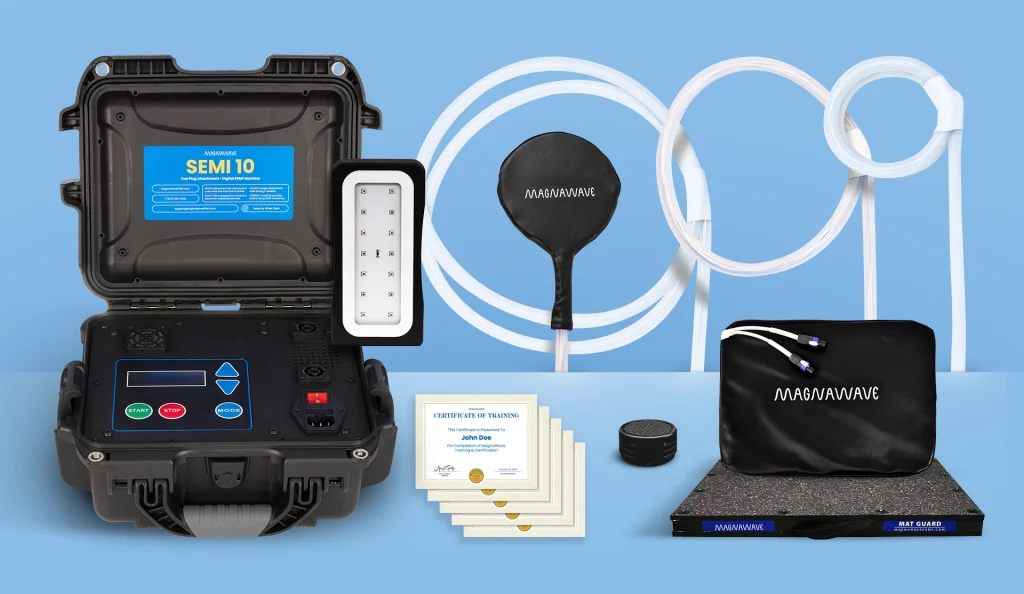 MagnaWavePEMF products Semi 10, XL Wave Wings, Large Loop, Mag Energy Mat, Zoom Paddle, ROC Red Light, Mat Guard, and Butterfly Loop with training certificates for MagnaWavePEMF certified practitioners, all part of a bundle
