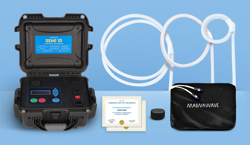 MagnaWavePEMF products Semi 10, XL Wave Wings, Large Loop, Mag Energy Mat, and Butterfly Loop with training certificates for MagnaWavePEMF certified practitioners, all part of a bundle