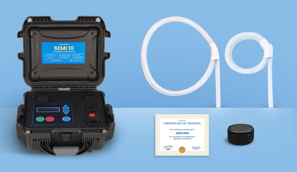MagnaWavePEMF products Semi 10, Large Loop, and Butterfly Loop with training certificates for MagnaWavePEMF certified practitioners, all part of a bundle